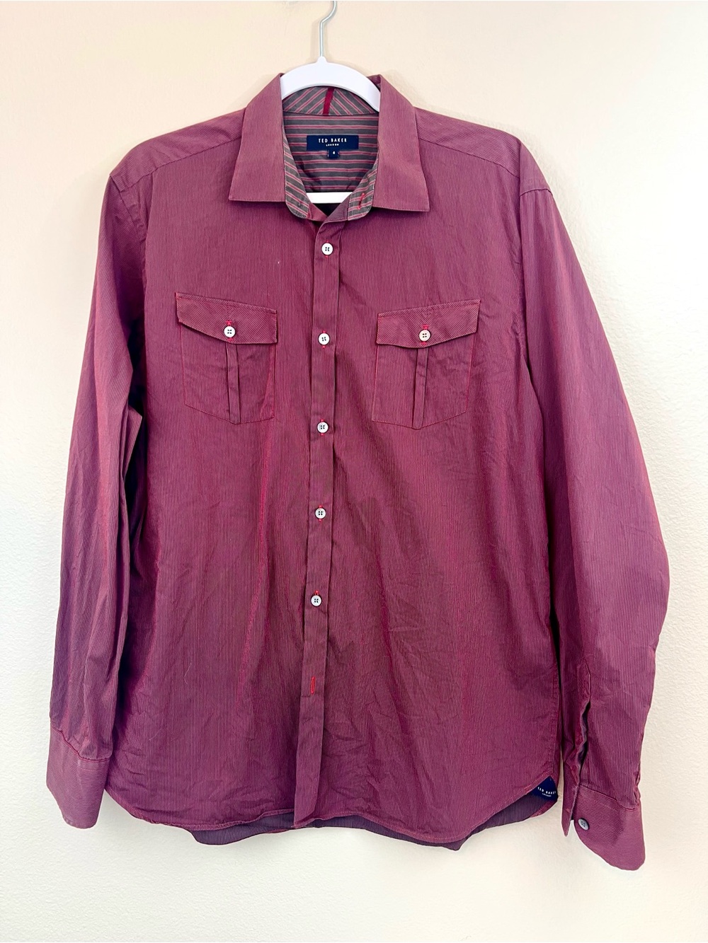 Ted Baker London Dress Shirt Mens Sz 4 Button Down Long SL Burgundy Grey Striped